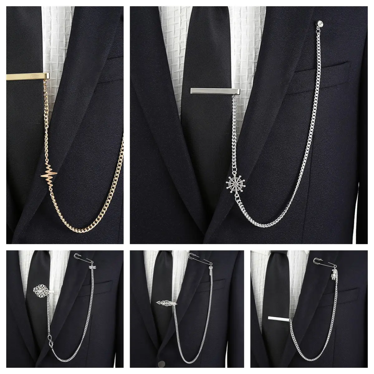 Brass Material Stylish Gold & Silver Tie Clip with Chain Men's Formal Accessory Hot Selling TW-1006