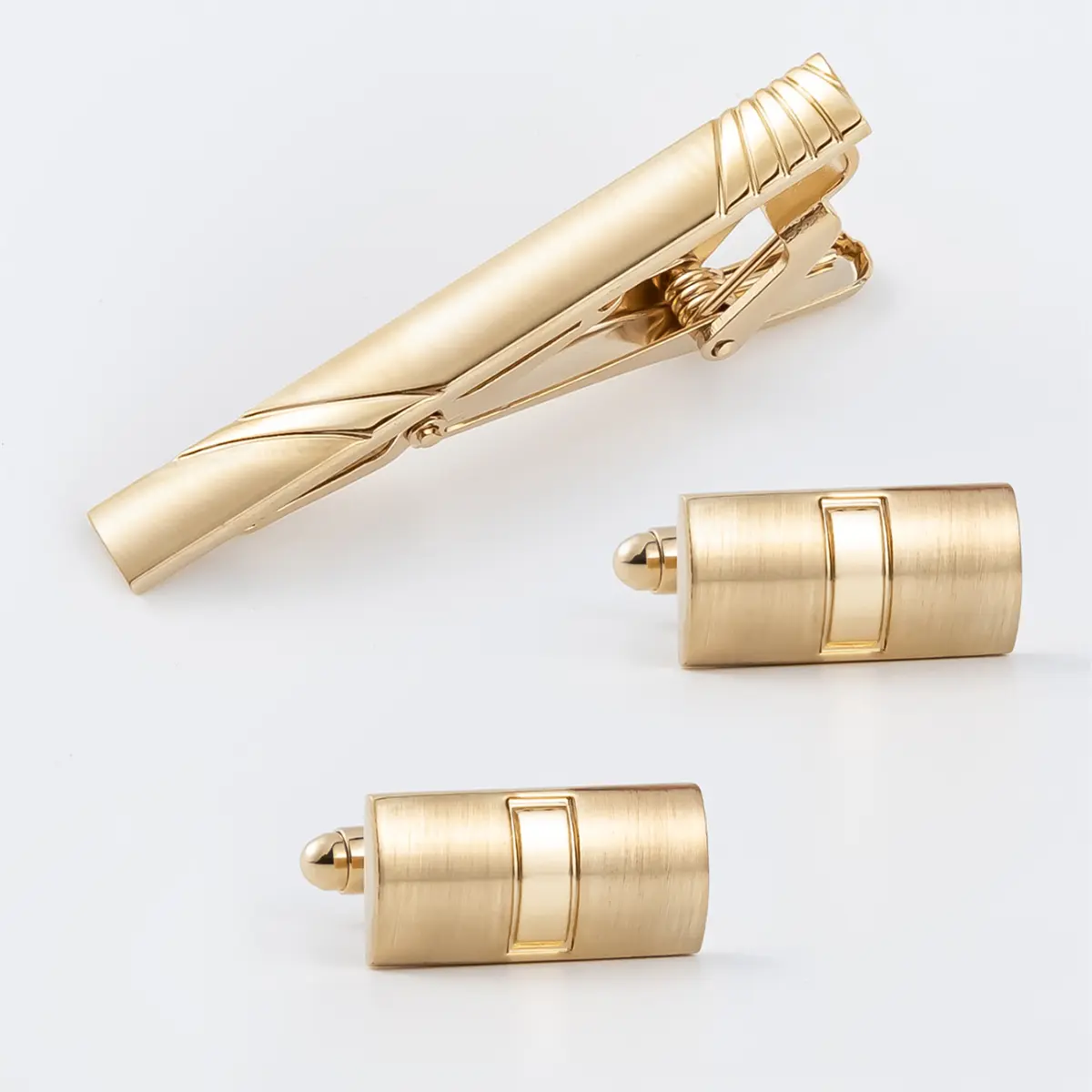 Brushed Gold Tie Clip & Cufflinks Set Elegant M...