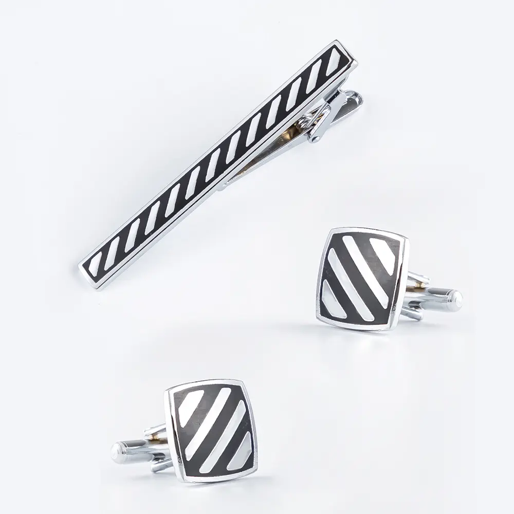 Men's Silver Plated Black Twill Enamel Cufflink...