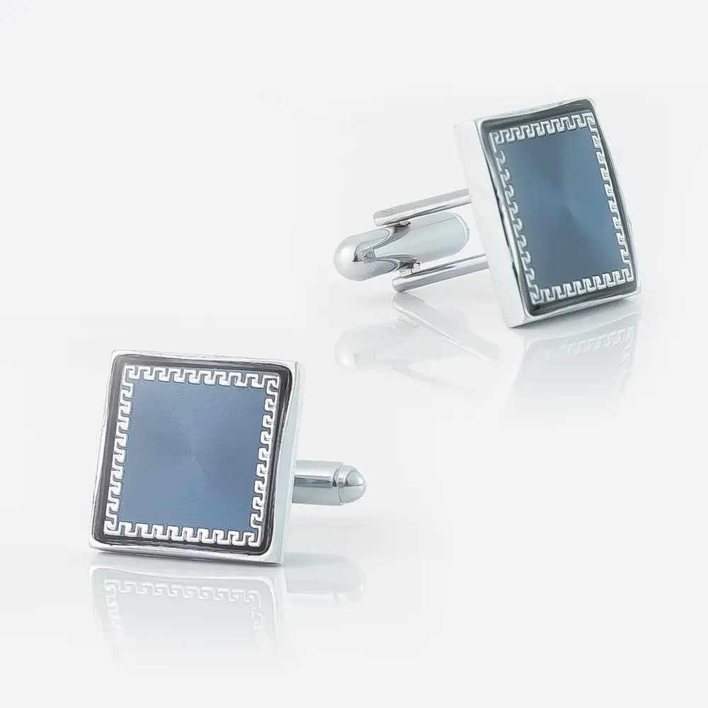 Men's Formal Silver Plated Blue Pattern Square Metal Cufflinks