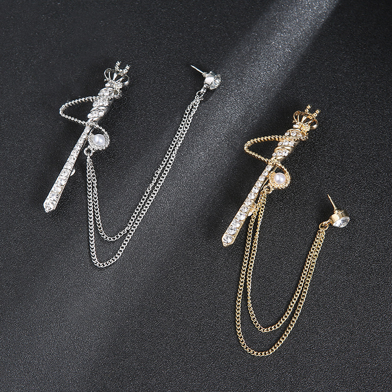 New Design Crystal Rhinestone Brooches Crown King Men's Chain Brooch with Tassel for Suits BC-1020