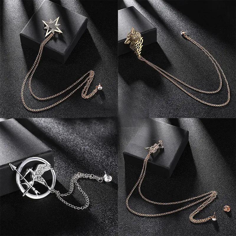 High Quality Mens Suit Metal Brooch Pin with Chain Bulk Wholesale BC-1048