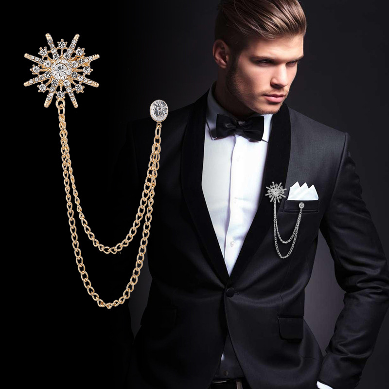 Wholesale Stylish Crystal Octagonal Star Chain Tassel Brooch Pin for Men Suit Jewelry BC-1036
