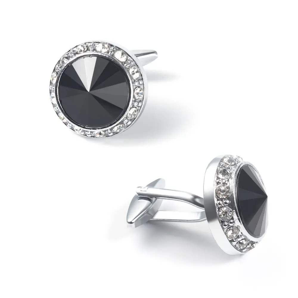 Fashion Round Black Custom Stone Silver Plated Cufflinks For Men Shirt CS0077-SB