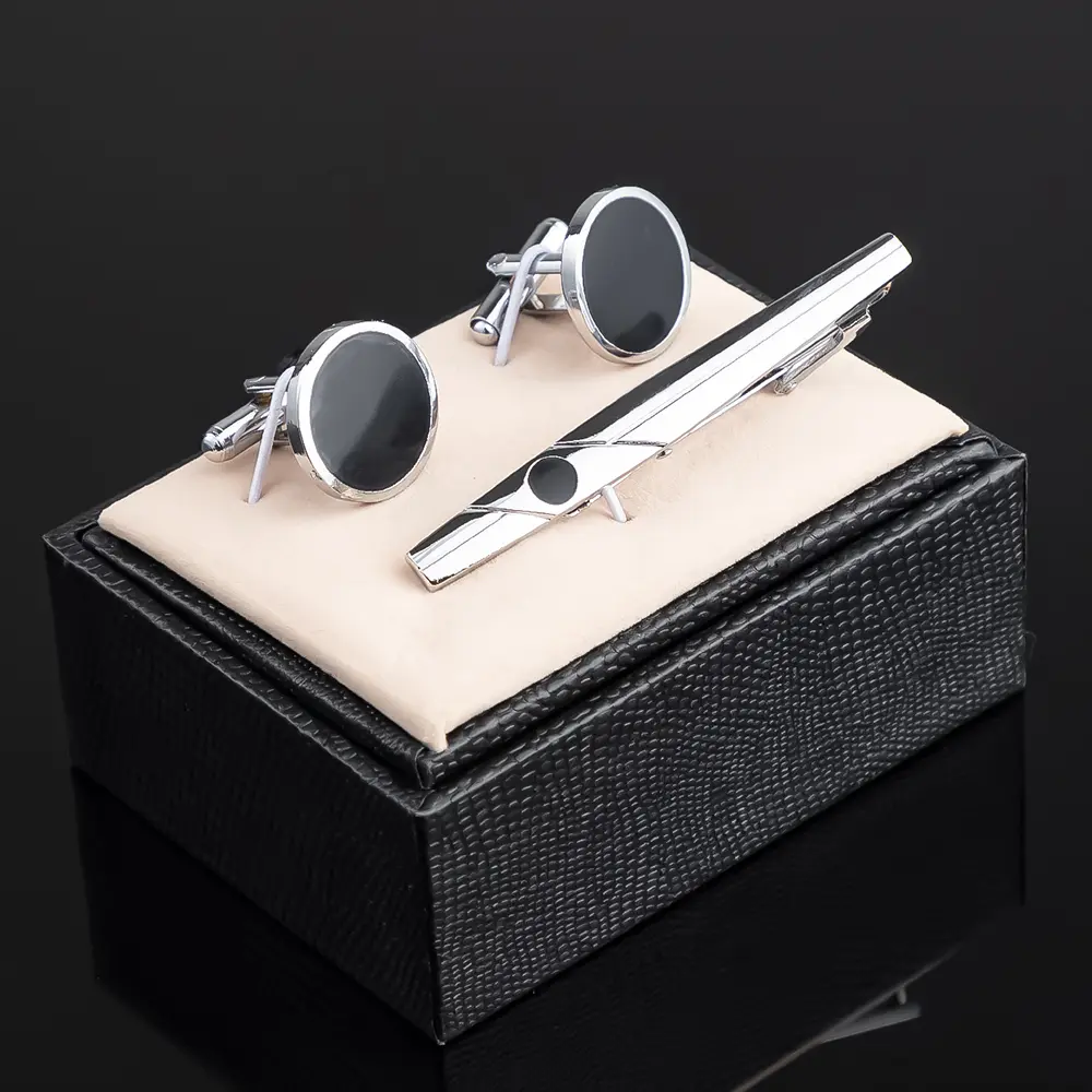 High Quality Wholesale Round Shape Copper Enamel Silver Cufflinks and Tie Clips Set SC5074