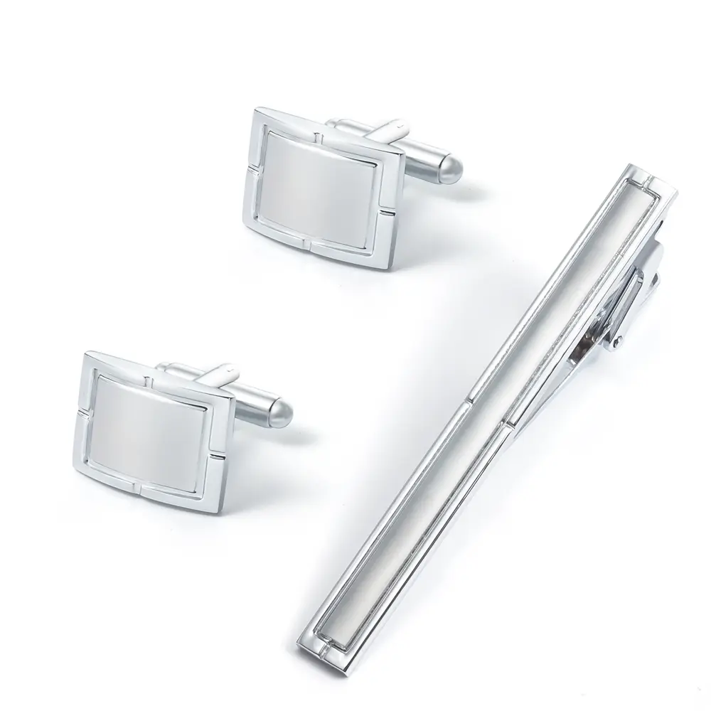 Hot Sale Simple Casual Tuxedo Shirt Cufflinks & Tie Bar Set for Weddings Business Events SL0064-S