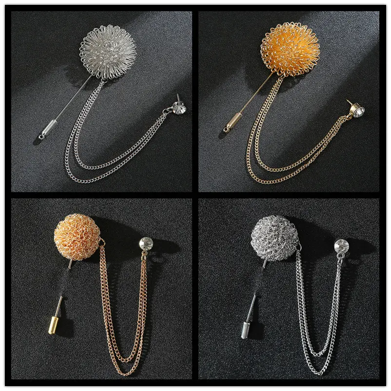 Wholesale New Arrival Stylish Men's Metal Flower Brooches with Chain and Diamonds BC-1011