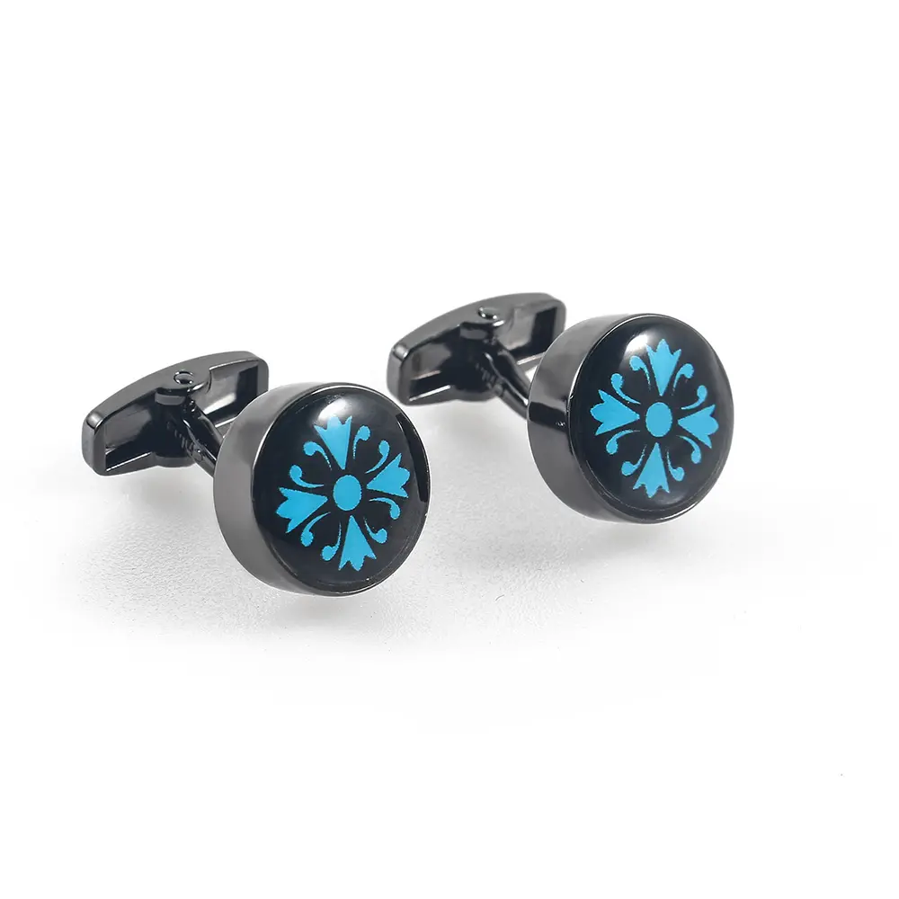 Black & Blue Flower Pattern Cufflinks Men Busin...