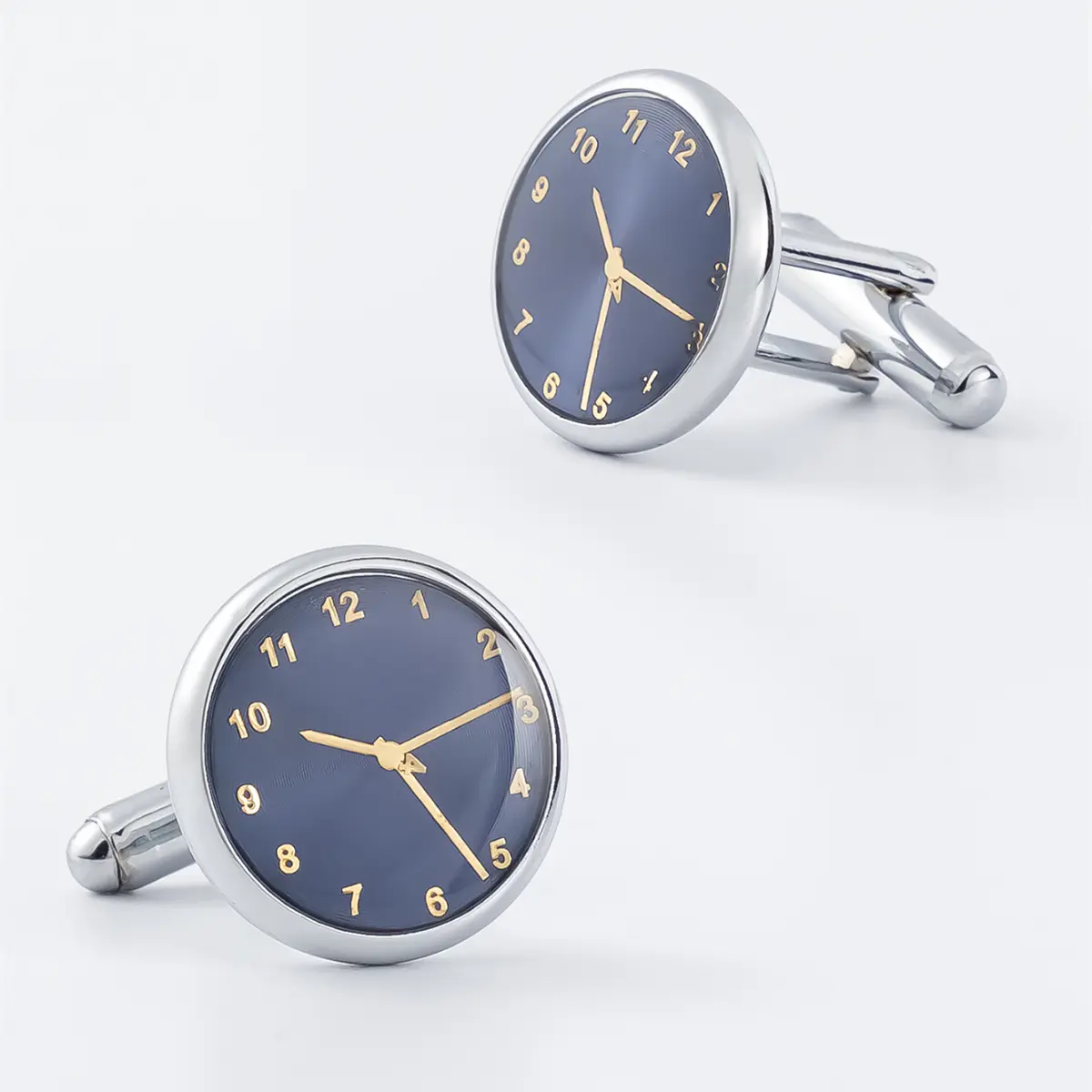 Silver Plated Round Blue Watch Clock Design Cuf...