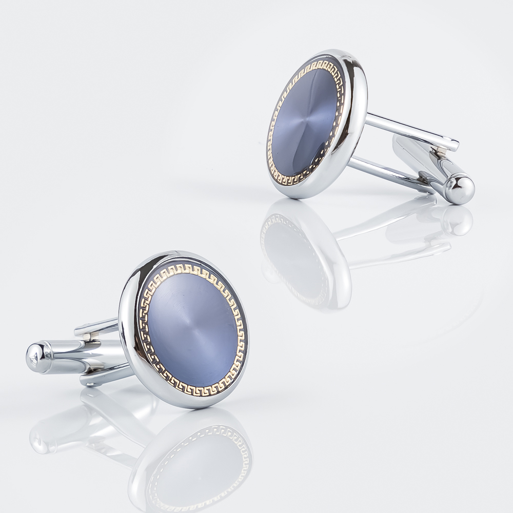 New Luxury Silver Plated Blue Pattern Round Brass Metal Men Cufflinks