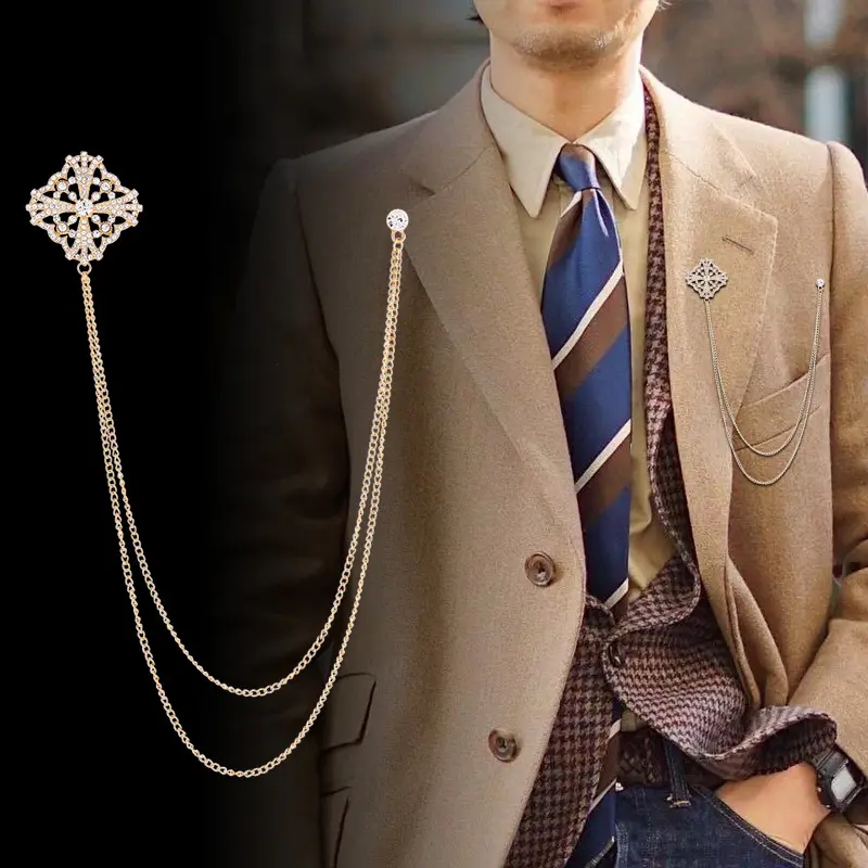 Men's Luxury Chain Brooch with Exquisite Diamond, Brooch Chest Accessories Wholesale BC-1052